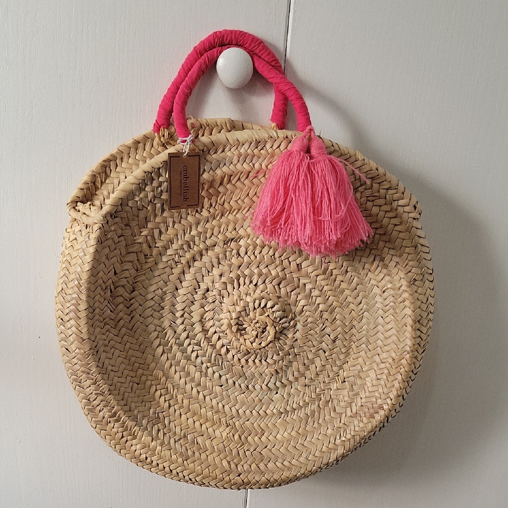 Natural Straw Tote with Pink Accents
